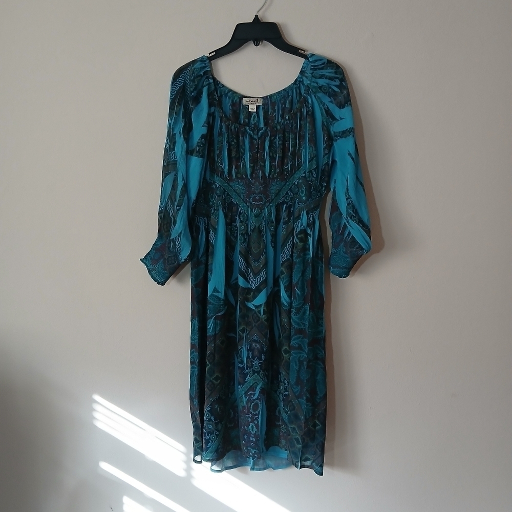 One World Teal Midi Stretch Dress Scoop Neck Long Sleeve Women's Size Large